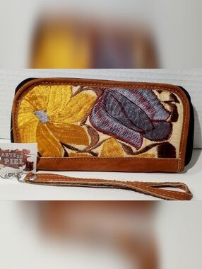 Embroidered Floral Leather-Trim Crossbody Bag in Mustard & Slate